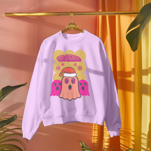 A holiday sweatshirt featuring a cute ghost character wearing a Santa hat, with two smaller ghosts on either side. Above them is the playful text "Boo Humbug," surrounded by snowflakes and festive elements. The design humorously combines spooky and festive themes for a unique holiday look.
